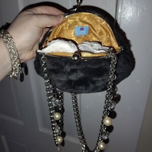 Kathy Van Zeeland Black Faux Fur Evening Clutch with Pearl Accent Chain